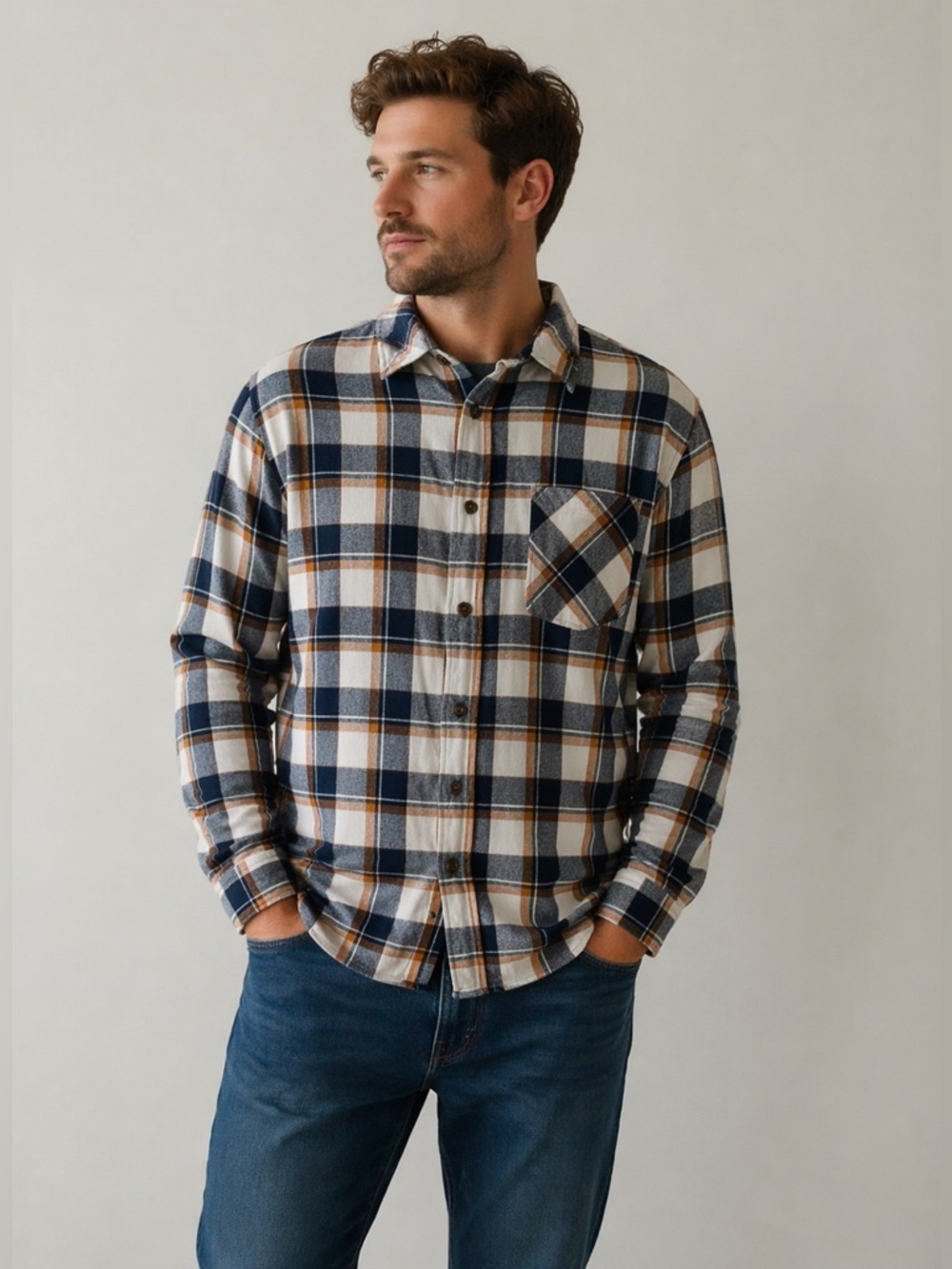 northeast outfitters Men's Casual Plaid Button Down Shirt - Blue, White, Tan